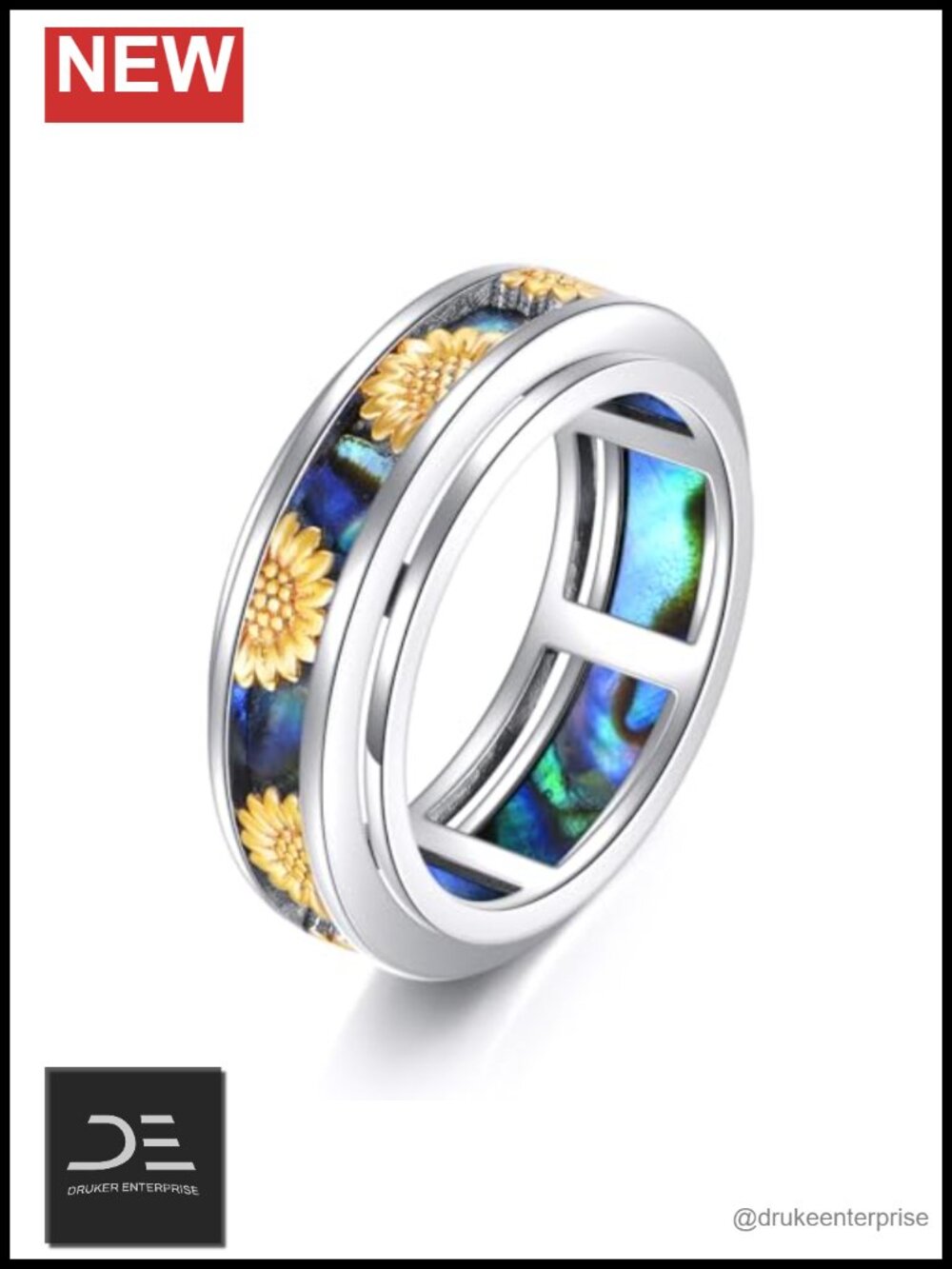 S925 Sterling Silver Sunflower Fidget Ring Anxiety Spinner Rotatable Abalone